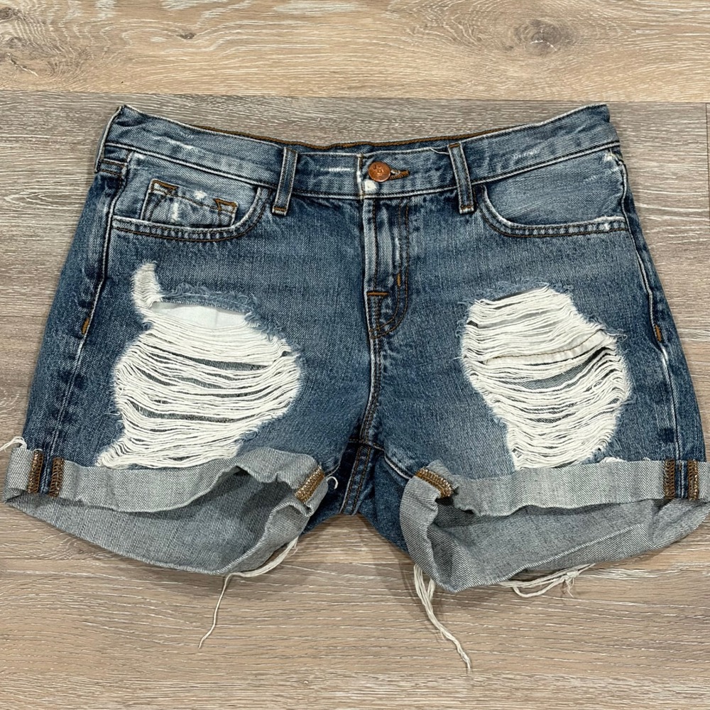 J Brand Distressed Denim Shorts Medium Wash Cuffed Low Rise Womens Size 25